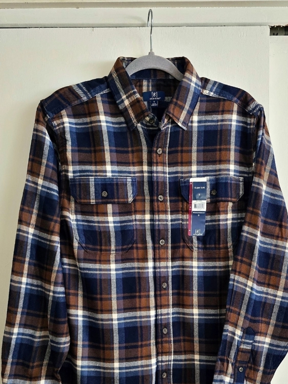 Navy and Brown Plaid Button-Up Shirt